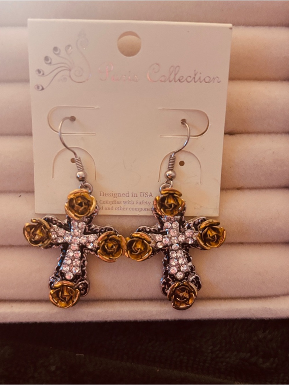 Gold Rose Cross Dangle Earrings